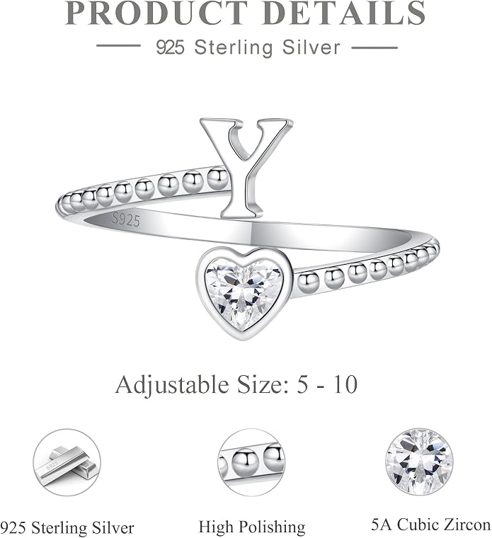 Step Forward 925 Sterling Silver Adjustable Initial Ring for Women | Non Tarnish Letter Rings for Lady | Alphabet Heart Thumb Rings | Capital Letter Jewelry Gifts