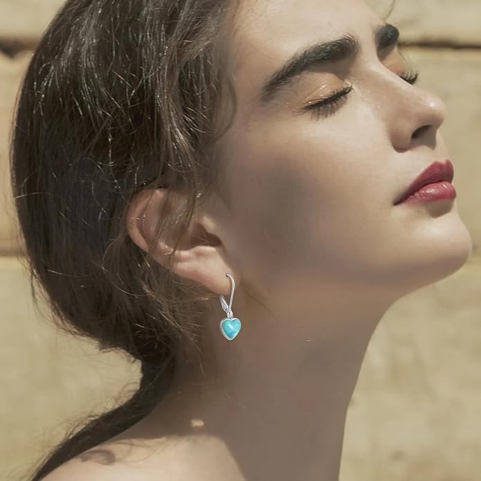 Heart Natural Turquoise Earrings for Women - Top AAA Grade, Hypoallergenic 925 Sterling Silver Leverback Dangle Earrings, Trendy Jewelry Gifts