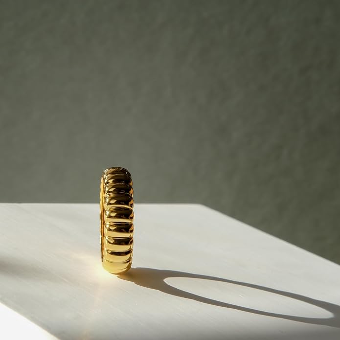 14K Gold Plated Wide Puffy Ribbed Band Ring | Womens Puffy Cloud Gold Stacking Band Thick Bold Statement Stacking Band | Minimalist Everyday Jewelry Gift for Her