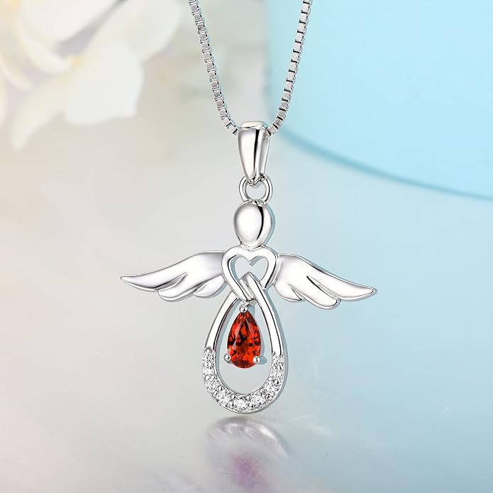 FJ Guardian Angel Necklace 925 Sterling Silver Birthstone Pendant Angel Jewelry Gifts for Women