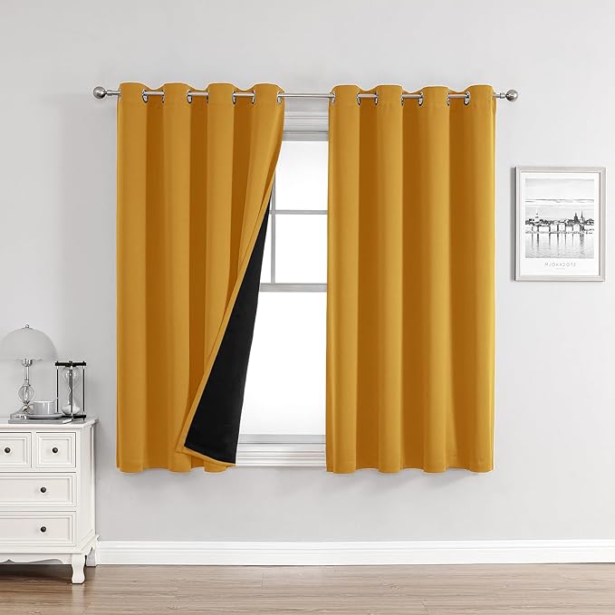 ChrisDowa 100% Blackout Curtains for Bedroom 63 Inches Long 2 Panels Set | 2 Thick Layers Total Light Blocking Thermal Insulated Grommet Window Curtains for Living Room, Mustard Yellow, 52 x 63 Inch