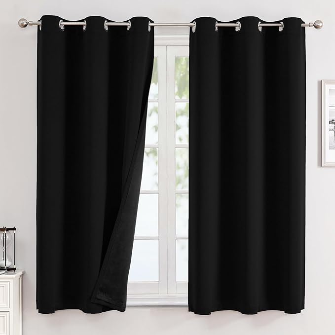 ChrisDowa 100% Blackout Curtains for Bedroom 63 Inches Long 2 Panels Set | 2 Thick Layers, Thermal Insulated, Light Blocking, Grommet, Window Treatment, Living Room Drapes, Black, 42 x 63 Inch