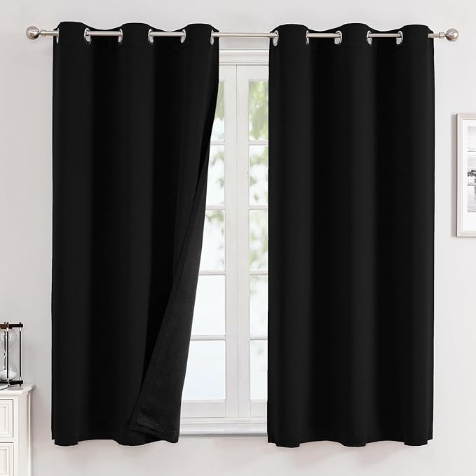 ChrisDowa 100% Blackout Curtains for Bedroom 45 Inches Long 2 Panels Set | 2 Thick Layers, Thermal Insulated, Light Blocking, Grommet, Window Treatment, Living Room Drapes, Black, 42 x 45 Inch