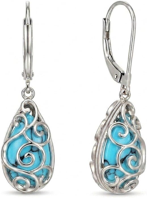 CRMAD Turquoise Teardrop Filigree Earrings Turquoise Leverback Earrings Western Jewelry Gift for Women Birthday Anniversary Boho Lover