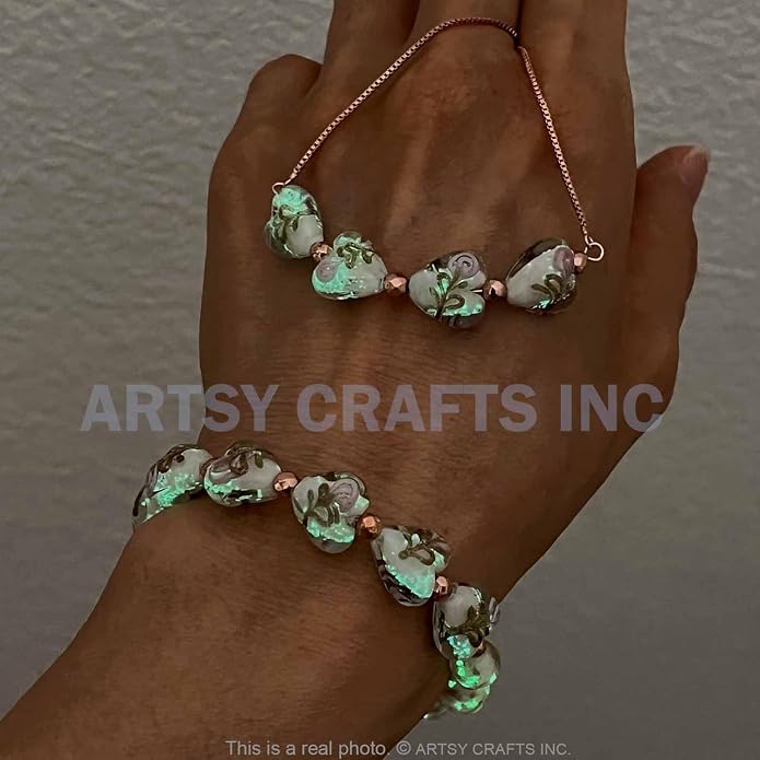 ARTSY Crafts Glow in the Dark Heart Shaped Glass Bead Bracelets & Necklaces, Handmade in USA