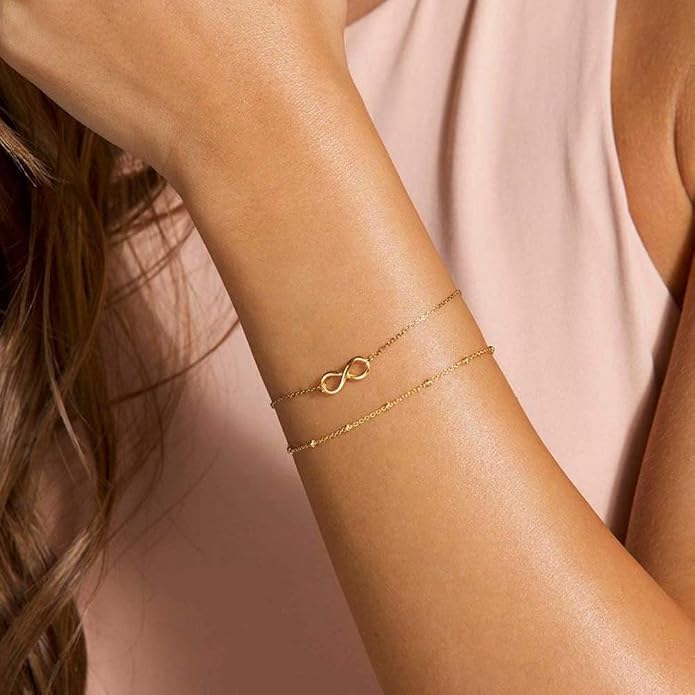 Dainty Gold Bracelets for Women, 14K Gold Plated Adjustable Layered Beads Bracelet Cute Evil Eye Oval Chain Pearl Bar Turtle Gold Bracelets for Women Jewelry