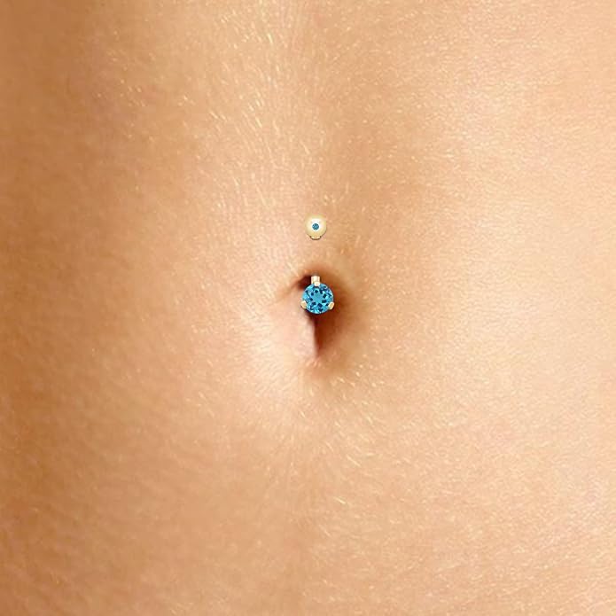 AFFY Internally Threaded Belly Button Navel Ring for Women, Three-Prong Round Simulated Birthstone in 14K Gold Over 925 Sterling Silver, Body Piercing Jewelry Gift