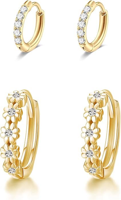 CiNily Small Hoop Earrings for Women Girls Flower Cubic Zirconia Huggie Earrings Hypoallergenic 14K Yellow Gold Plated Cartilage Earrings
