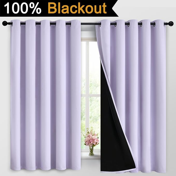 Yakamok Lilac 100% Blackout Curtains 63 Inches Long for Bedroom 62" Wide | Blackout Curtain Panels for Bedroom, 2 Thick Layers Grommet Top Thermal Insulated Drapes with Black Liner for Living Room