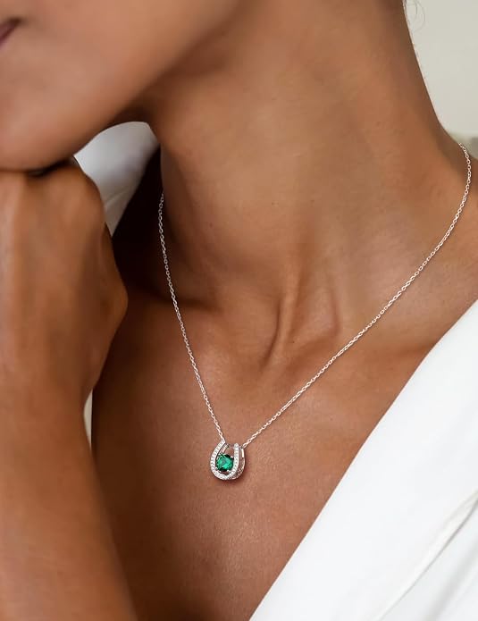 925 Sterling Silver Horseshoe Necklace for Women Round Gemstone Birthstone Necklace Sapphire/Emerald/Ruby/CZ Horse Shoe Pendant Necklaces Jewelry Gift