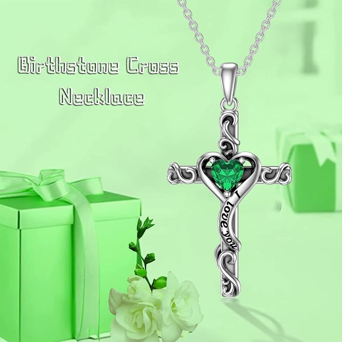 TOUPOP Cross Birthstone Necklace for Women 925 Sterling Silver Heart Cross Pendant I Love You Jewelry Anniversary Birthday Mothers Day Gifts for Mom Wife Her