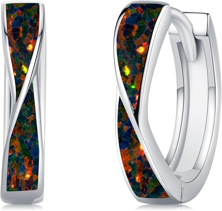 KiiKii Opal Hoop Earrings for Women 925 Sterling Silver 15mm Twisted Huggie Earrings Opal Jewelry Gifts for Birthday Anniversary Christmas