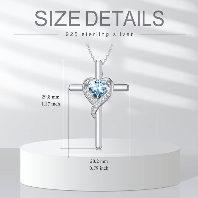 TOUPOP Birthstone Cross Necklace for Women 925 Sterling Silver Heart Cross Pendant Necklace Mothers Day Birthday Jewelry Gifts for Mom Wife Her