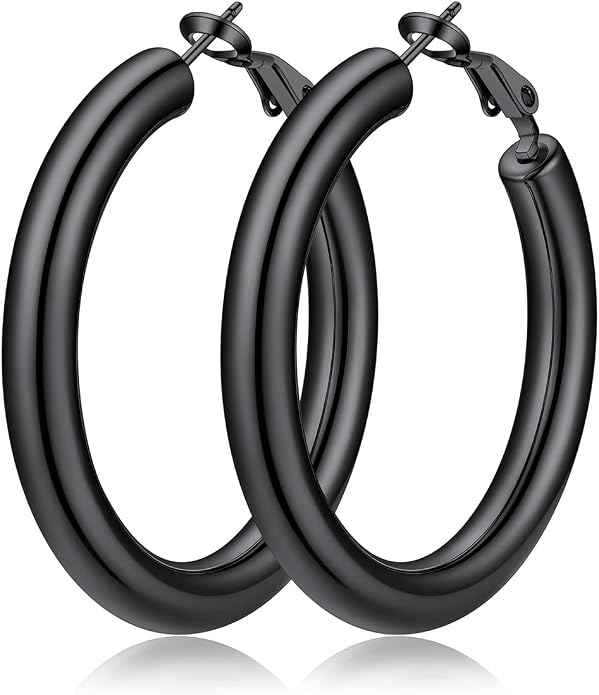FaithHeart Chunky Hoop Earrings for Women, Silver/Black/14K Gold Plated Stainless Steel Earrings 5mm Thick Hollow Tube Hoops Hypoallergenic Lightweight Earring 20/30/40/50/60/70/80mm