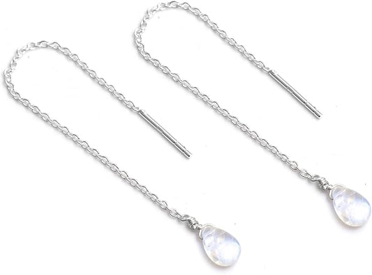 Sterling Silver Threader Earrings with Real Gemstone Beads - Elegant Pull-Through Design for Women, Dangling Western Earrings, Long and Short Adjustable Earring