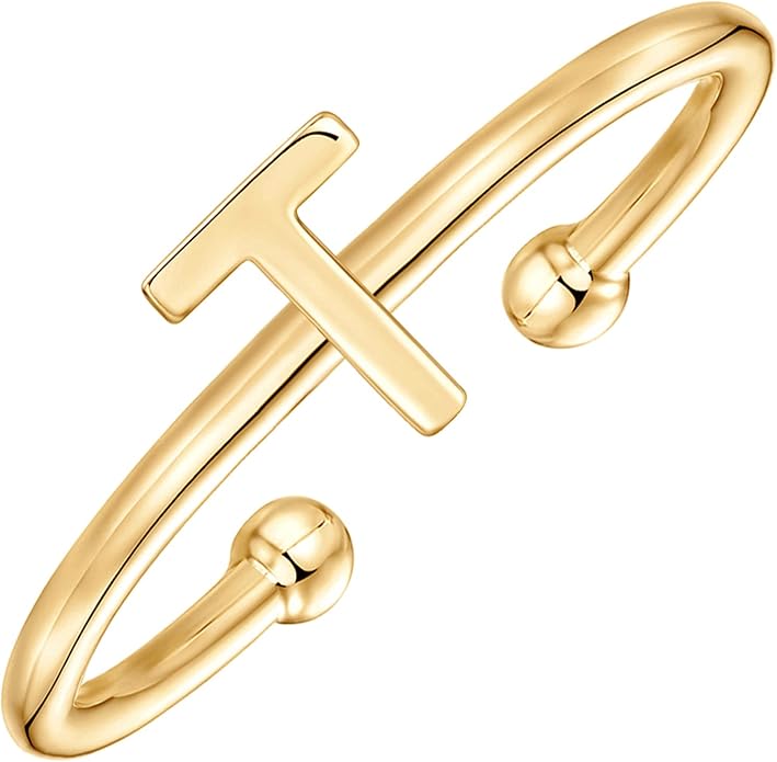 PAVOI 14K Gold Plated Initial Letter Adjustable Ring for Women - Thin Initial Band - Dainty Fashion Jewelry Gifts