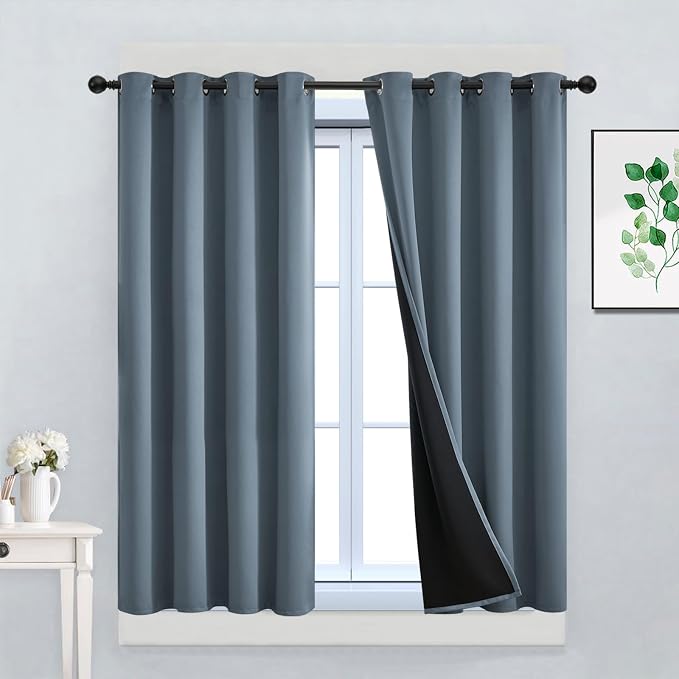 Yakamok Stone Blue 100% Blackout Curtains 45 Inches Long 52" Wide 2 Panel | Blackout Curtain Panels for Bedroom, 2 Thick Layers Grommet Top Thermal Insulated Drapes with Black Liner for Living Room