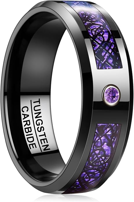 TUNGSTORY 8mm Black Celtic Dragon Tungsten Carbide Wedding Ring with Green Carbon Fiber and CZ Inlay Polished Finish Beveled Edge Size 6-16