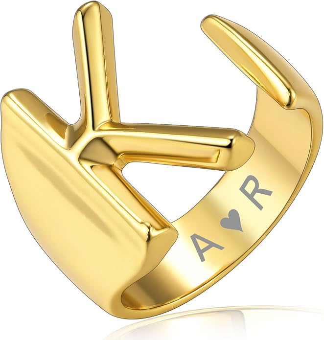 KeyStyle Bold Initial Letter Rings Adjustable, GoldChic Jewelry Women Gold Statement Ring Personalized Engraved Women’s Open Signet Ring for Party (Gold, White Gold, Black)