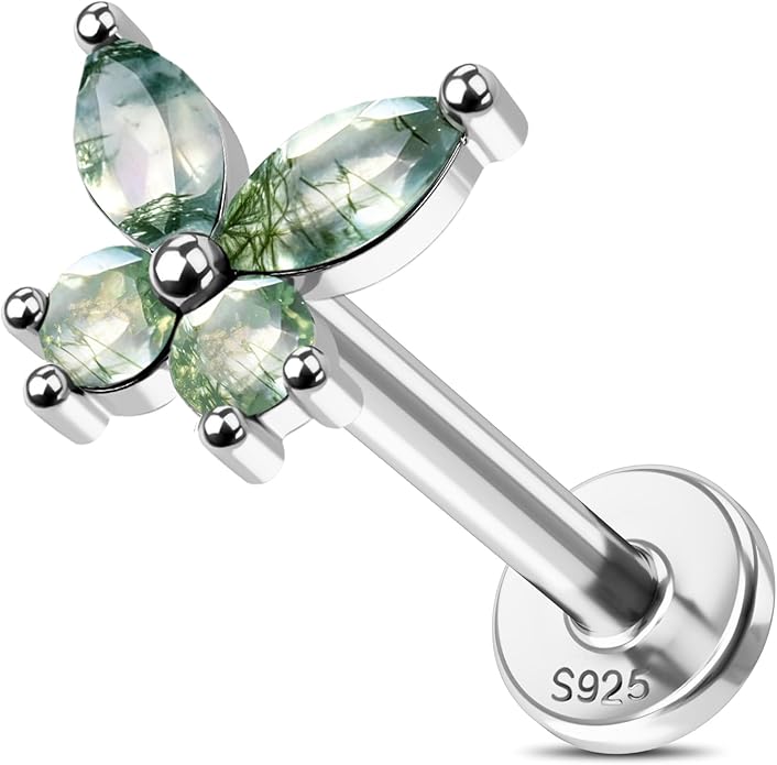 Jewseen Celtic knot&Butterfly Moss Agate Stud Earrings Dangle Internal Threaded Flat Back 16g 8mm Hypoallergenic 925 Sterling Silver Piercing Jewelry for Cartilage Lip Conch Tragus Helix