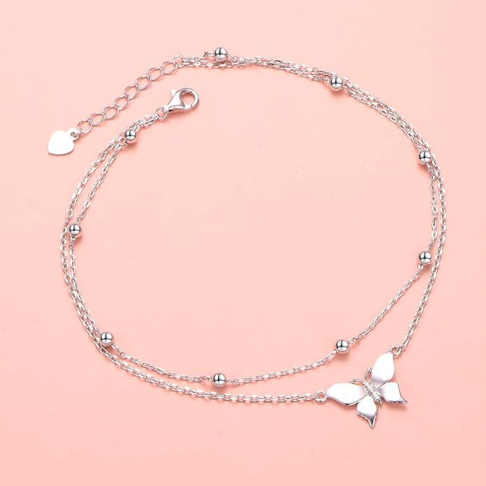 Flyow Anklet for Women S925 Sterling Silver Adjustable Foot Beaded Heart Charm Ankle Bracelet Anklets Jewelry