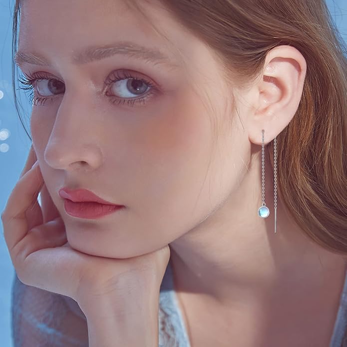 Woman Tassel Earrings Sterling Silver Gemstone Drop Earrings Long Chain Ear Line