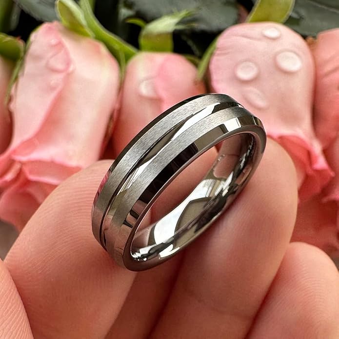 TUTISS 6mm 8mm Silver/Black/Blue/Gunmetal/Gold/Rose Gold Tungsten Rings for Men Women Fashion Engagement Wedding Bands Matte Finish Beveled Edges Comfort Fit