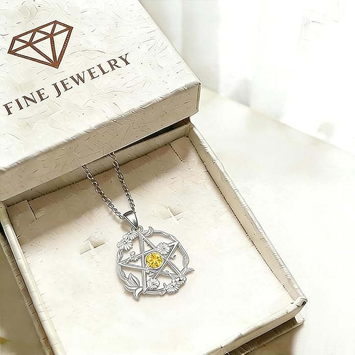 Birthstone Pentagram Necklace for Women 925 Sterling Silver Pentacle Daisy Pendant Pentacle Jewelry Birthday Gifts