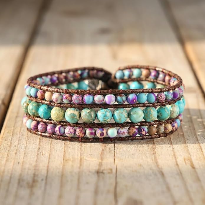 YGLINE Boho Handmade Natural Stone Bead 3 Row Wide Wrap Wrist Statment Bracelet Jewelry Collection
