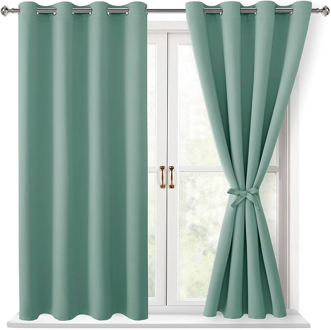 Hiasan Blackout Curtains for Bedroom, 52 x 54 Inches Long - Thermal Insulated & Light Blocking Window Curtains for Living Room, 2 Drape Panels Sewn with Tiebacks, Sage Green