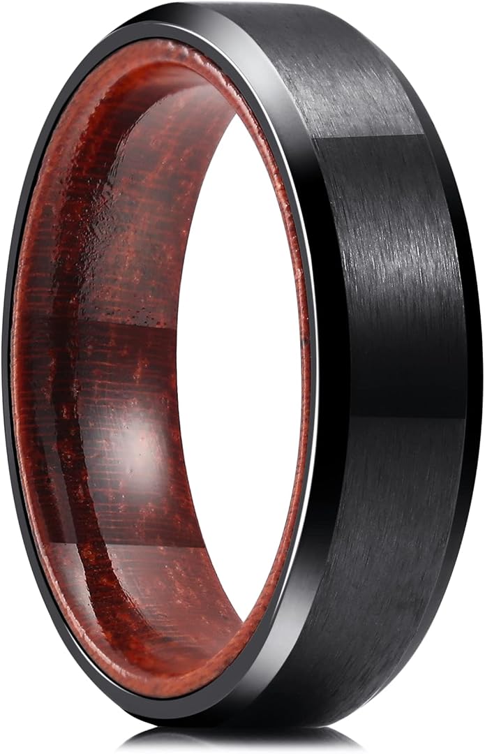 King Will 6/8mm Wedding Band for Men, Silver/Black Hammered Titanium Wedding Ring Inlaid Wood Inner Hole, Wedding Band for Men Matte Brushed Comfort Fit 7-14