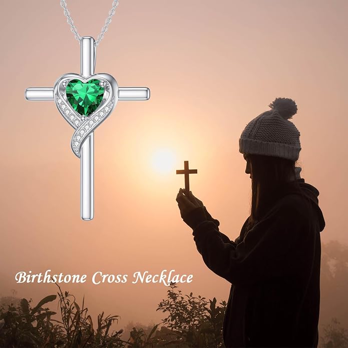TOUPOP Birthstone Cross Necklace for Women 925 Sterling Silver Heart Cross Pendant Necklace Mothers Day Birthday Jewelry Gifts for Mom Wife Her