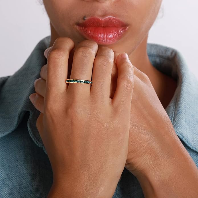 Muses Art Design Birthstone Eternity Band Ring 18K Gold Plated (Channel Set/Full Round), Stacking Fashion Ring with Crystal Birthstone