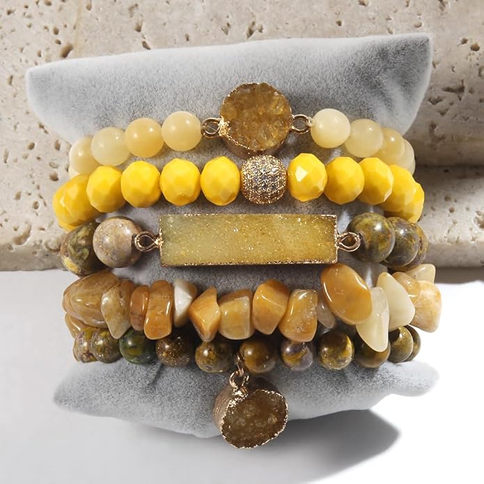 Yomisa 5PCS 6PCS Natural Boho Beaded Bracelets/Bangle for Women Men,Healing Turquoise Jasper Agate Crystal Gemstone Stone Chakra Multilayer Wrap Bohemian Handmade Jewelry Beads Stretch Bracelet Set