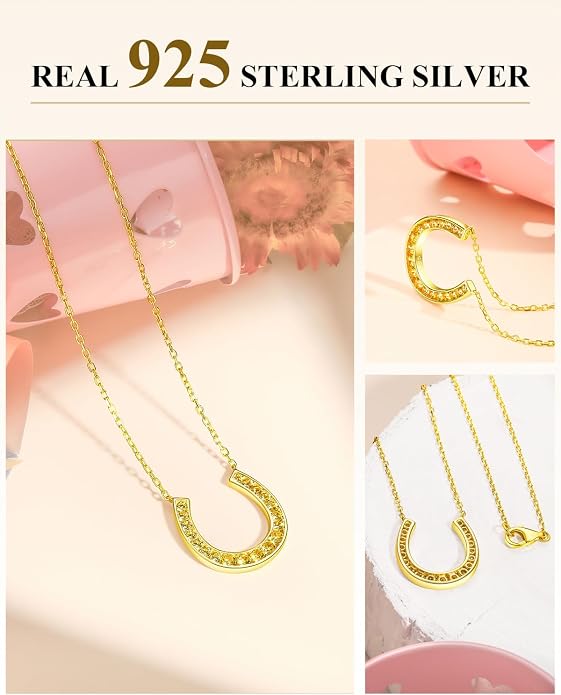 Luck Horseshoe Necklace 14K Gold Plated/Sterling Silver Created Gemstone Pendant with Chain Channel Set U Shaped Charm Necklace Birthstone Jewelry