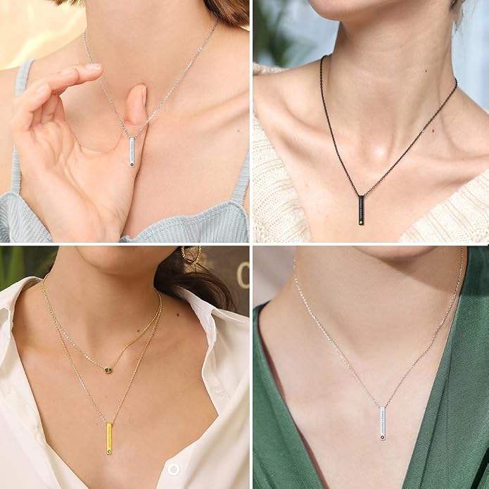 Custom4U Personalized Birthstone Bar Necklaces for Women, Custom Handmade Silver/Black/Gold Vertical Bar Pendants with 1-3 Names Engraved,Unique Memorial Necklace for Her