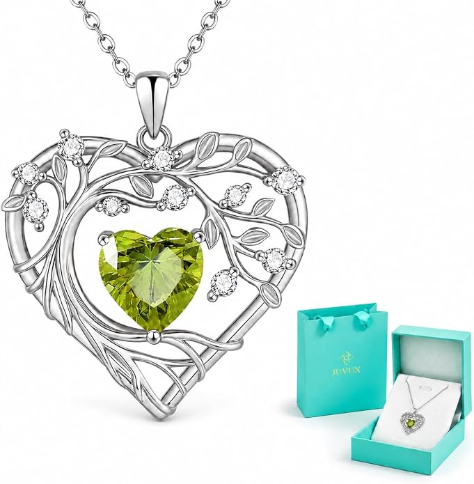 Tree of Life Birthstone Pendant Necklace - 925 Sterling Silver Heart Cubic Zirconia Diamond Women Pendant Necklaces for Her Daughter Girlfriend Birthday Gift Ideas for Wife Mom for Valentines Day