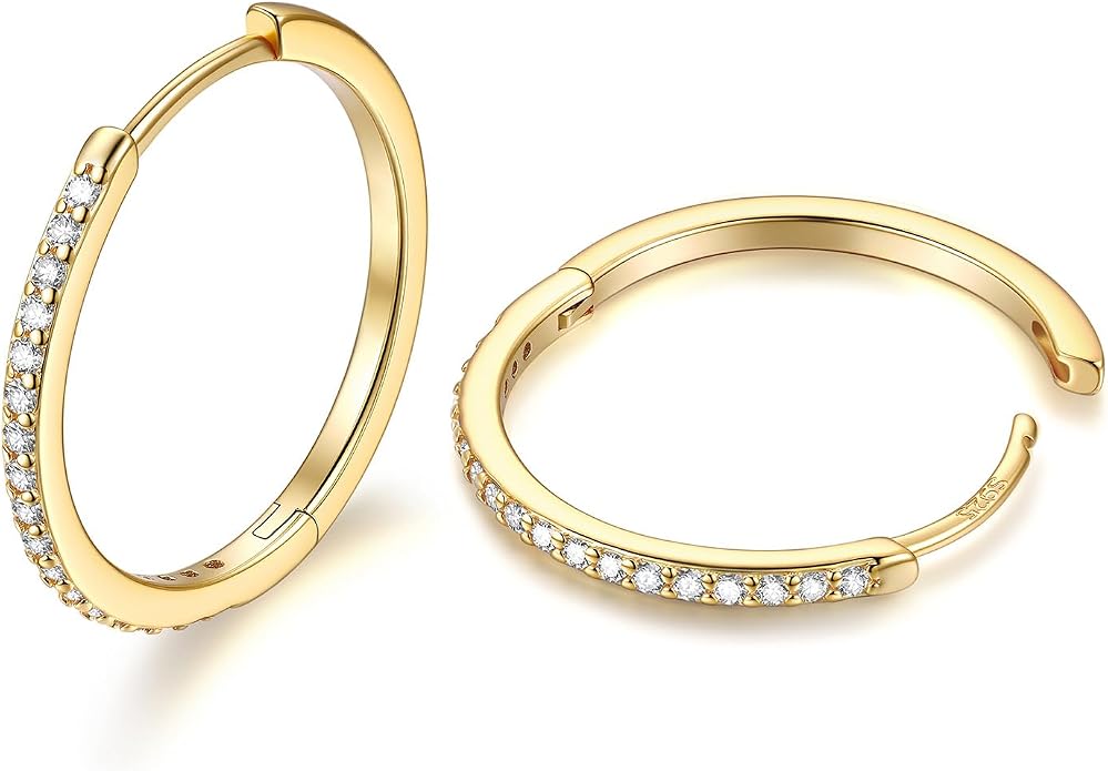 JustBeingCute 925 Sterling Silver Hoop Earrings for Women 14K Gold Plated Small Huggie Earrings Hypoallergenic Cubic Zirconia Cartilage Hoop Earring(8/10/12/14/16/18/20mm)