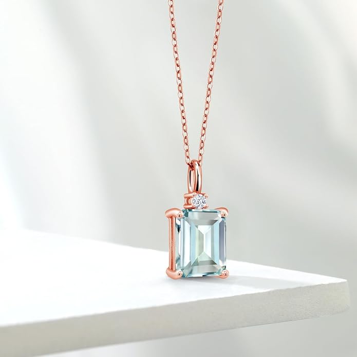 Gem Stone King 925 Sterling Silver Gemstone Birthstone Pendant Necklace for Women | Emerald Cut 10X8MM and Round 2MM | With 18 Inch Chain | Fine Jewelry for Her Mom Wife