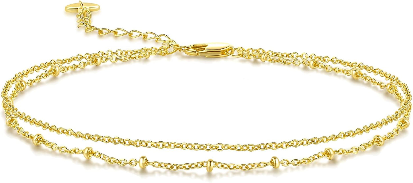 14K Gold Anklets for Women Gold Ankle Bracelets for Women Refined Dual-Chain Structure Womens Chain Anklet 11(9+2) Inches