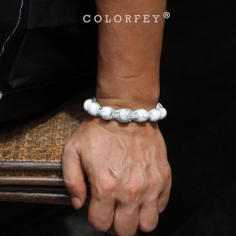 Protection Crystal Howlite Bracelet for Men, Authentic Mens Bracelet Beads Energy Howlite Stone Bracelets White Handmade Beaded Jewelry, Masculine Drawstring Bracelets Chirstmas Gift for Him