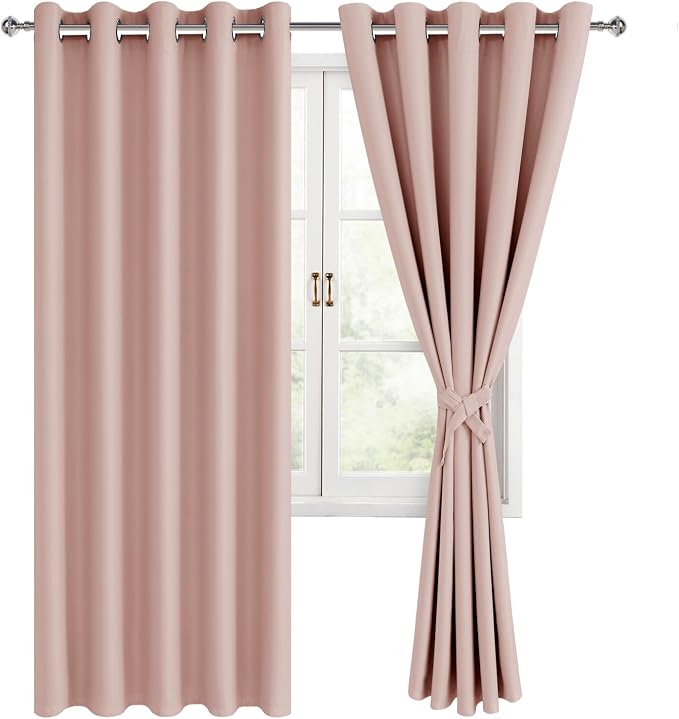 Hiasan Blackout Curtains for Bedroom, 60 x 63 Inches Length - Thermal Insulated Noise reducing Window Curtains for Living Room, 2 Drape Panels Sewn with Tiebacks, Blush