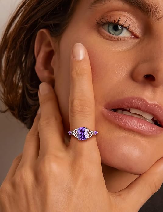 925 Sterling Silver Birthstone Rings for Women Cushion Cut Engagement Celtic Knot Ring Irish Jewelry Created Gemstone Anniversary Rings Size 6-10(with Box)