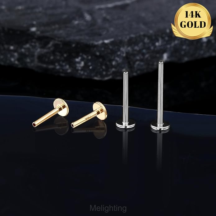 Melighting 14K Solid Gold Threadless Replacement, Gold Threadless Post Push in Flat Back, Labret, Nose, Helix, Conch, Tragus Cartilage Stud Earring 16G 18G 20G