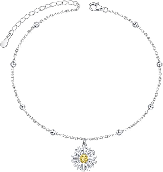 FLYOW S925 Sterling Silver Anklet for Women Summer Boho Beach Charm Adjustable Foot Ankle Bracelet Jewelry Birthday Gift