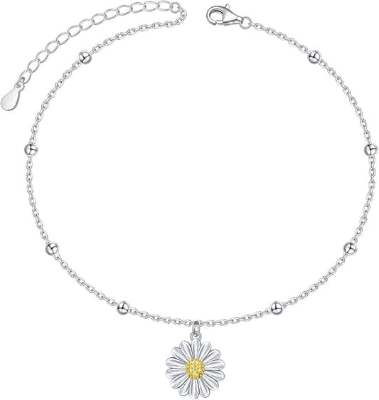 FLYOW S925 Sterling Silver Anklet for Women Summer Boho Beach Charm Adjustable Foot Ankle Bracelet Jewelry Birthday Gift