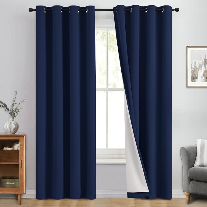 Yakamok Navy Blue 100% Blackout Curtains 84 Inches Long 50" Wide, 2 Panels | Blackout Curtain Panels for Bedroom, 2 Thick Layers Grommet Top Thermal Insulated Drapes with White Back for Living Room
