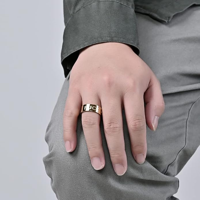 Men's Stainless Steel Cool Personalized Ring Engraved Fuck Off Inspirational Band Silver Gold