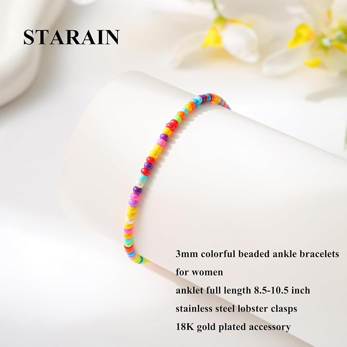 Starain Small Bead Anklets for Women Beach Foot Ankle Bracelet Cute Colorful Boho Beaded Anklets 8 inches