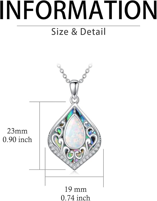 HPQQ Filigree Gemstone Necklace 925 Sterling Silver Teardrop Bohemian Necklace Abalone Shell Jewelry Birthday Gifts for Women